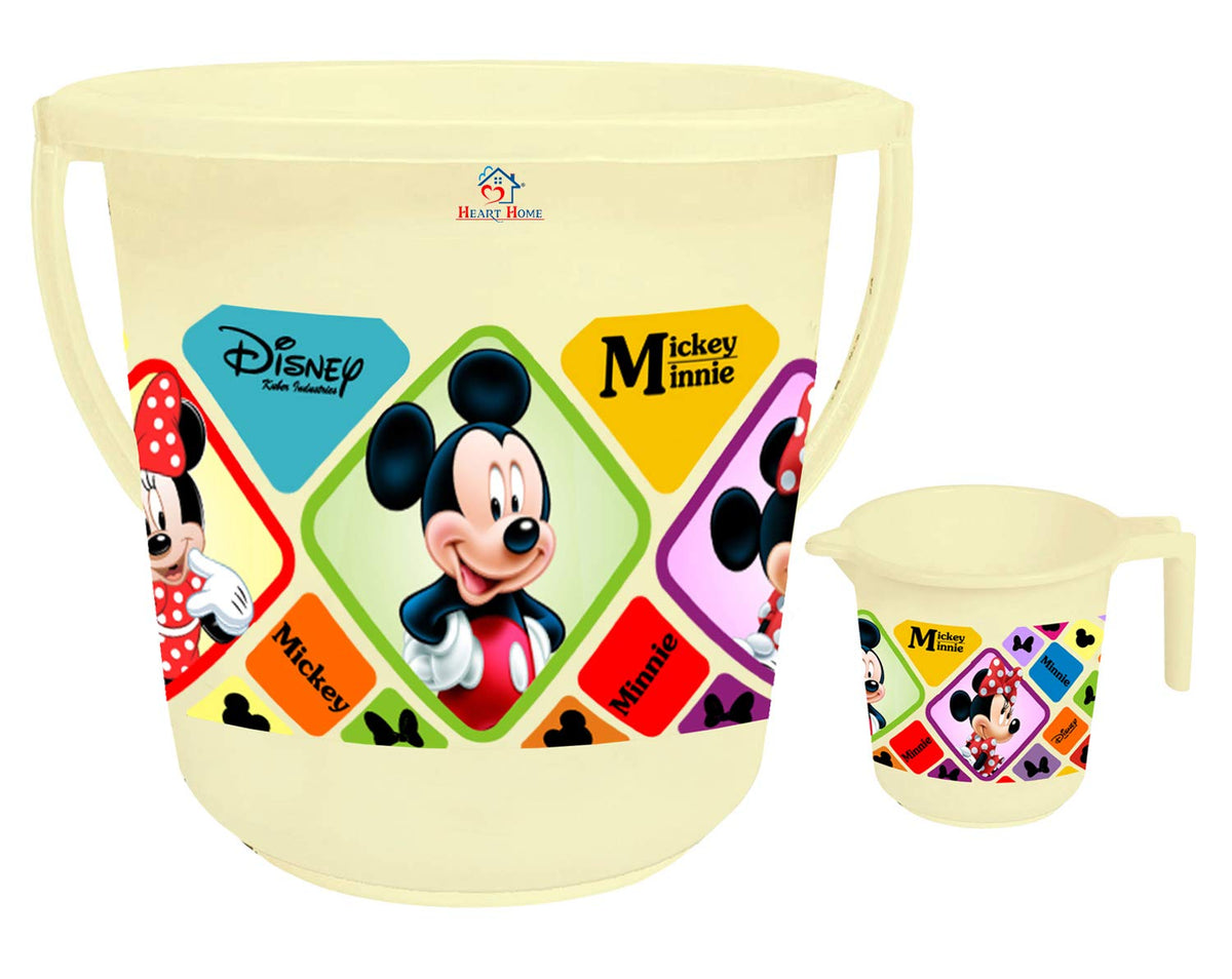 Heart Home Disney Mickey Minnie Print 2 Pieces Unbreakable Virgin Plastic Bathroom Bucket with Mug Set- Cream, (1 Pc 16 LTR Bucket & 1 Pc 500 ML Mug) -HS_35_HEARTHS17926