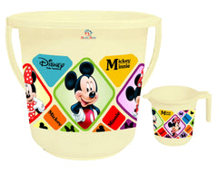 Heart Home Disney Mickey Minnie Print 2 Pieces Unbreakable Virgin Plastic Bathroom Bucket with Mug Set- Cream, (1 Pc 16 LTR Bucket & 1 Pc 500 ML Mug) -HS_35_HEARTHS17926
