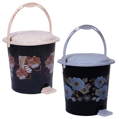 Kuber Industries Durable Floral & Flower Print Plastic Pedal Dustbin|Waste Bin|Trash Can For Kitchen & Home With Handle,10 Litre,Pack of 2 (Black)