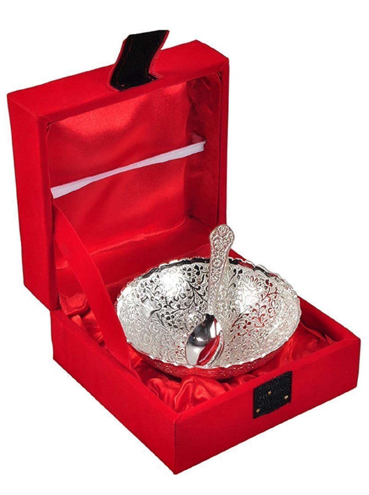 Kuber Industries Brass Bowl and Spoon with a Wooden Box (Silver, Peacock Design, CTKTC4423)