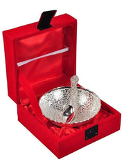 Kuber Industries Brass Bowl and Spoon with a Wooden Box (Silver, Peacock Design, CTKTC4423)