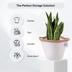 Urbane Home Cotton Woven Storage Basket With Handle|Shelf Basket Hamper|Organizer for Toys, Socks, Cosmetic|Capacity 21 L|White|