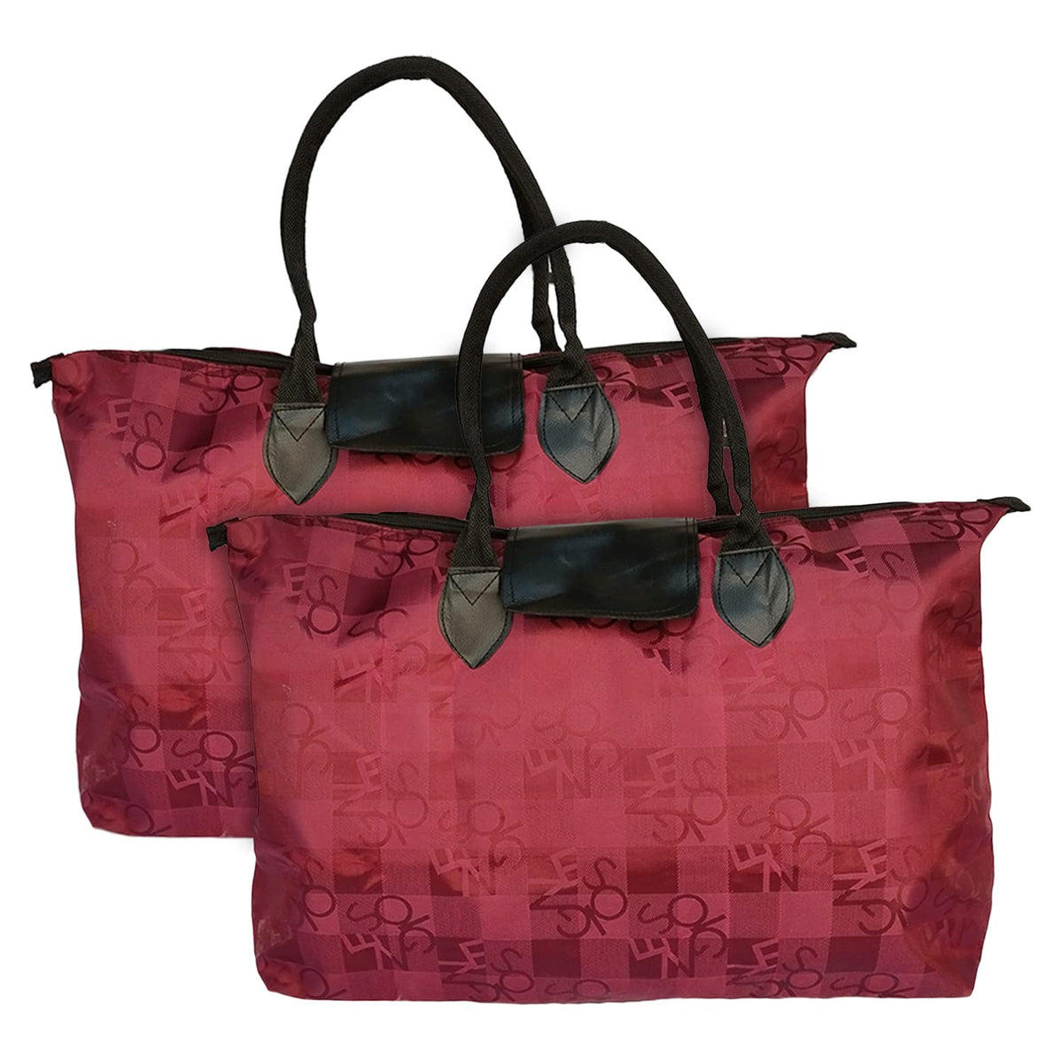 Kuber Industries Multiuses Check Print Rexine Shopping Bags/Grocery Bag for Carry Grocery, Fruits, Vegetable with Handles Pack of 2 (Maroon) 52KM3985