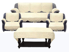 Kuber Industries Geometric Design Cotton 5 Seater Sofa Cover|6 Pieces Arms Cover|Center Table Cover|Use Both Side|Pack of 17 (Cream)