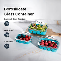 Kuber Industries Kitchen Containers | Silicone Sleeves with Lock Lid | Air Tight Containers for Storage | Kitchen Organizer with Lid | Rectangle Contaniner Set | Set of 3 | Blue