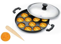 Heart Home NonStick Appam Pan with Stainless Steel Lid & Wooden Picker (Maroon)-HS40HEARTH23995