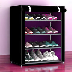 Kuber Industries Shoe Rack|Non-Woven 4 Shelves Shelf|Foldable Storage Rack Organizer for Shoe, Books (Black)