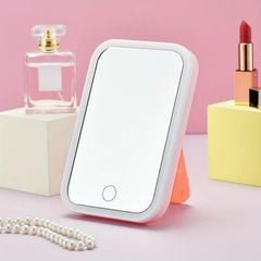Kuber Industries Industires Makeup Mirror With LED Light|Mirror For Table Top, Vanity, Desk|Battery Operated With USB Port(White)