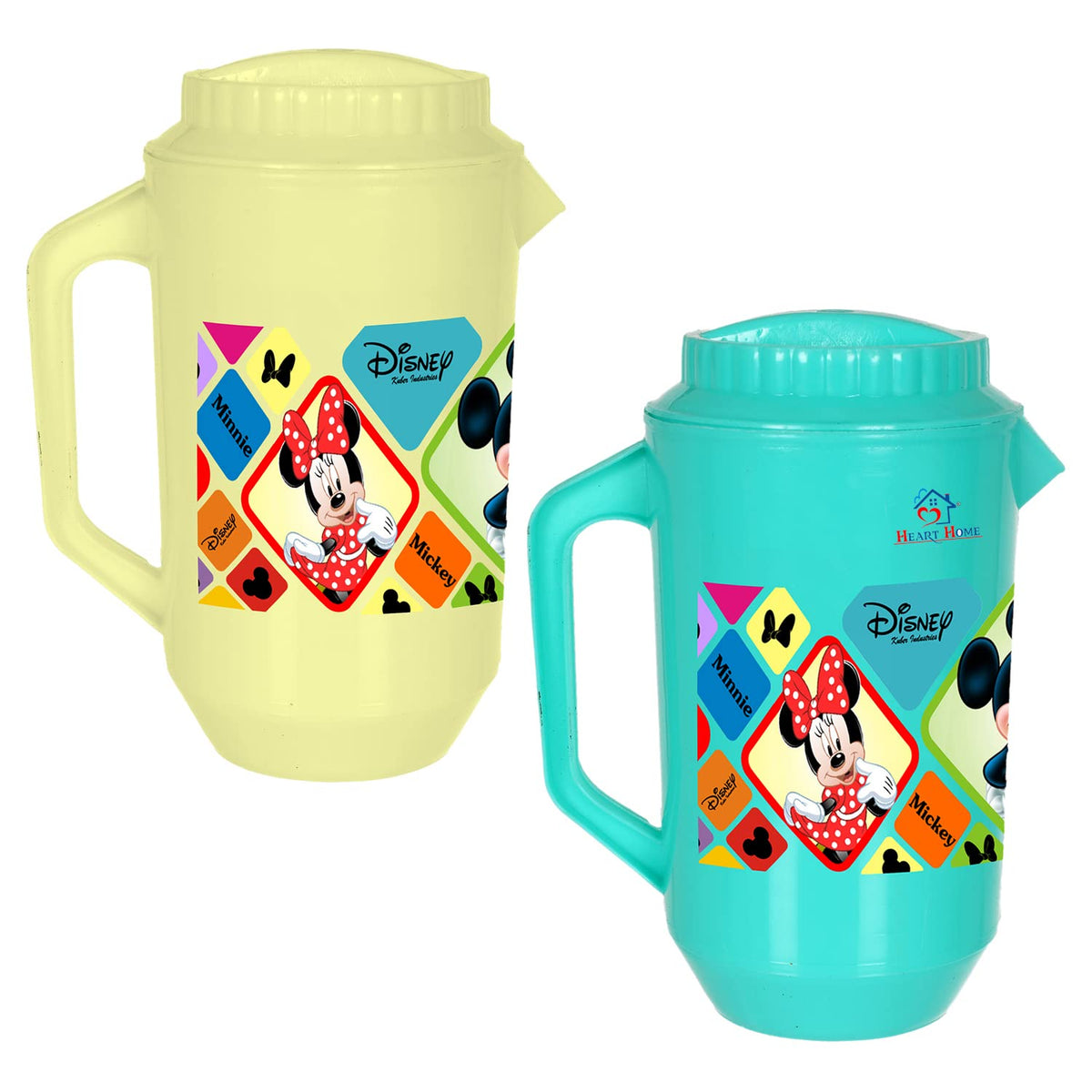 Heart Home Multiuses Mickey Minnie Print Leak Proof Unbreakable Plastic Water Jug with Lid for Water, Juice, Milk 2 Liter Pack of 2 (Cream & Green)