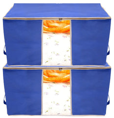Heart Home Foldable Non Woven Clothes Storage Bag Wardrobe Organizer Underbed Bag With Tranasparent Window- Pack of 2 (Blue)-HS43HEARTH26721