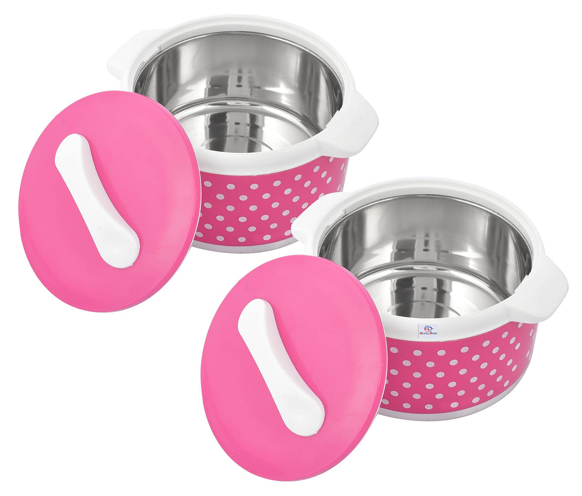 Heart Home Dot Printed BPA Free Food Grade Inner Stainless Steel Casserole Keeps Chapati, Food, Curry With Lid, 2500ml- Pack of 2 (Pink)-HS42KUBMART25044