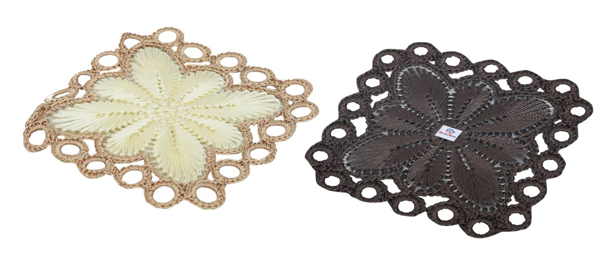 Heart Home Flower Design Square Cotton Coasters, Set of 2 (Brown & Cream)