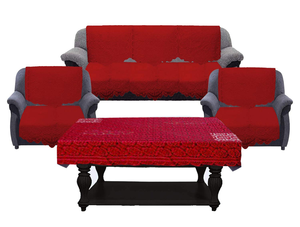 Kuber Industries Circle Design Cotton 7 Piece 5 Seater Sofa Cover with Center Table Cover(Maroon) - CTKTC22275