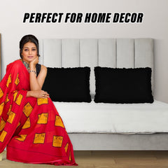 Heart Home Pillow Cover | Cotton Pillow Cover | Pillow Cover For Bedroom | Pleated Frill Border Long Crush Pillow Cover | Set of 4 | 20x30 Inch | Black