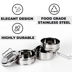 Kuber Industries Set of 3|Clipper Stainless Steel Tiffin Box | Lunch Box with Locking Clip | Silver | Everyday use Home Office Steel Lunch Box (3 Container 1000ml)