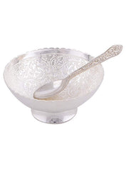 Kuber Industries Brass Bowl and Spoon with a Wooden Box (Silver, Peacock Design, CTKTC4422)