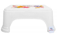 Heart Home Floral Print Plastic Bathroom Stool, White-HEART10868