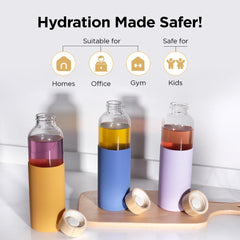 Urbane Home Water Bottle | Glass Bottle | Sleeve Protection Bottle | Bamboo Lid Water Bottle | Travel Round Bottle | XB5501-YEL | 550 ML | Set of 6 | Yellow