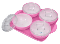 Heart Home Food Grade Microwave Safe Plastic 1 Square Tray & 4 Bowls Set with Silicon Rubberized Ring Lid (Pink)-50HH01378