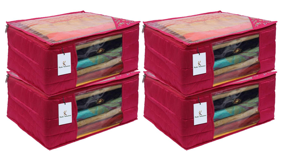 Kuber Industries 3 layered Quilted Silk 4 Pieces Saree Cover (Pink) -CTKTC24685