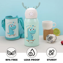 Kuber Kids Water Bottle Combo Set|Sipper Bottle for Kids|1 Piece Dino Design Stainless Steel Water Bottle|1 Piece Food Grade Plastic Bottle|420 & 500 ML|PACK Of 2|Green & Grey