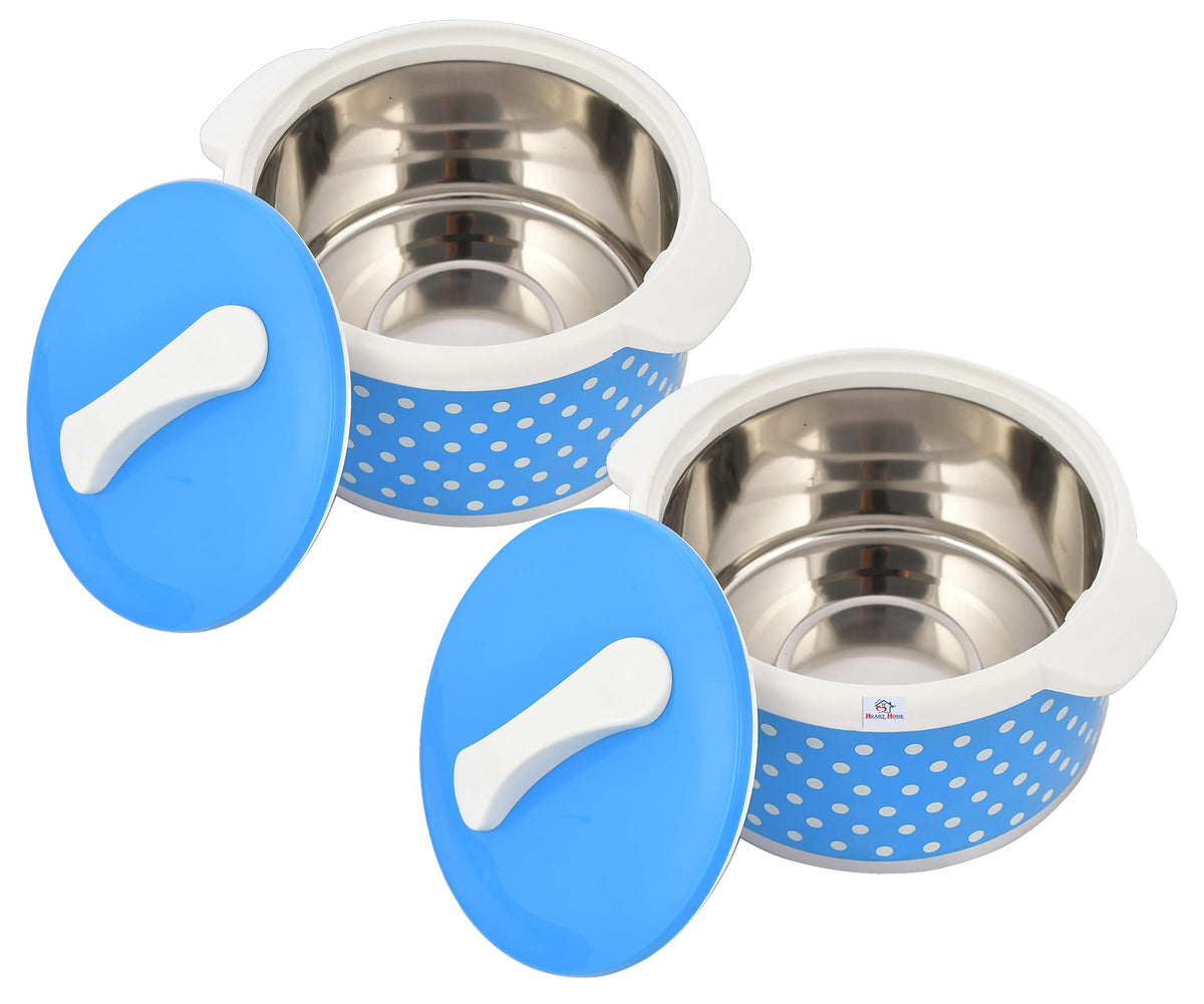Heart Home Dot Printed BPA Free Food Grade Inner Stainless Steel Casserole Keeps Chapati, Food, Curry with Lid, 2500ml- Pack of 2 (Blue)-HS42KUBMART25048