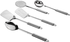 Heart Home Stainless Steel Kitchen Utensil, Cookware Set, Kitchen Tool- Set of 5 (Skimmer & Spatula & Solid Turner & Slotted Turner & Ladle) (Silver)