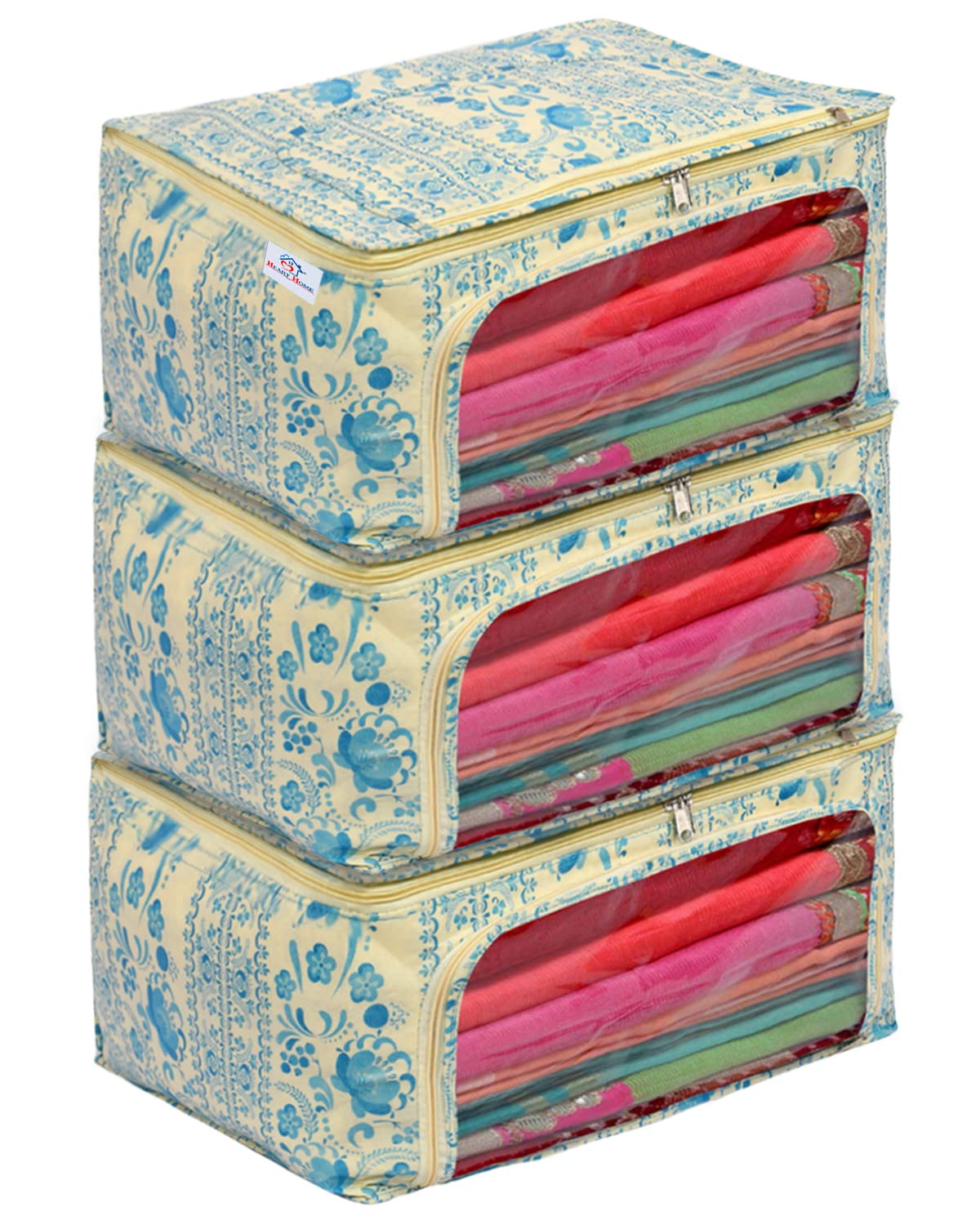 Heart Home Floral Print Non-Woven Saree cover With Large Pocket For Saree, Lehenga, Suit & Transparent Window, Pack of 3 (Blue) 54HH4172.