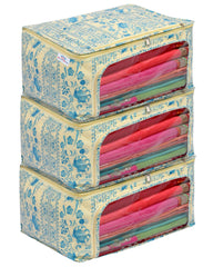 Heart Home Floral Print Non-Woven Saree cover With Large Pocket For Saree, Lehenga, Suit & Transparent Window, Pack of 3 (Blue) 54HH4172.