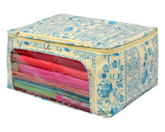 Heart Home Floral Print Non-Woven Saree cover With Large Pocket For Saree, Lehenga, Suit & Transparent Window, Pack of 3 (Blue) 54HH4172.