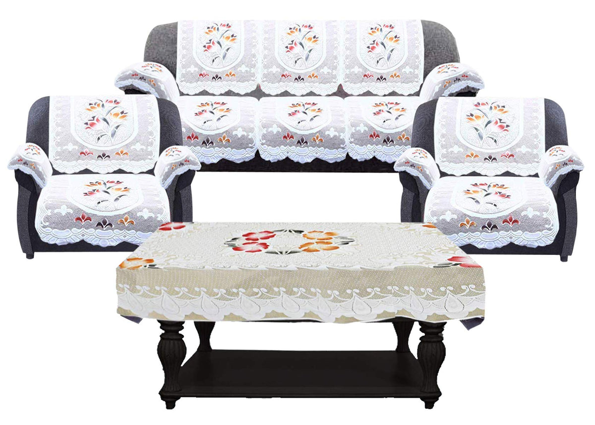 Kuber Industries Flower Design Cotton 5 Seater Sofa Cover Set with 6 Pieces Arms Cover and 1 Center Table Cover (Set of 17, Cream, Standard)