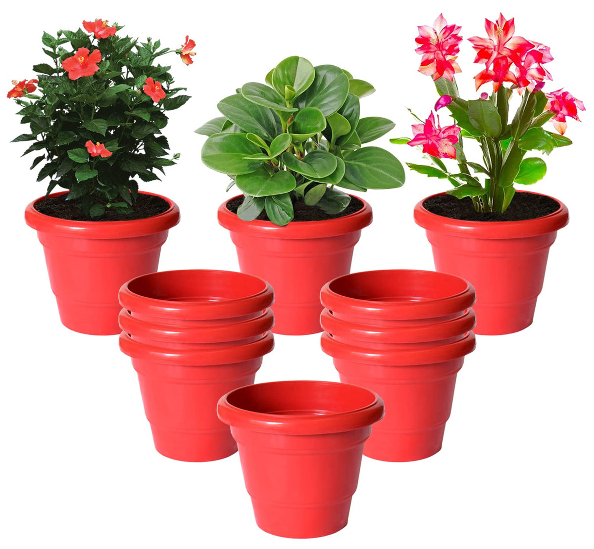 Kuber Industries Solid 2 Layered Plastic Flower Pot|Gamla for Home Decor,Nursery,Balcony,Garden,8"x 6",Pack of 10 (Red)