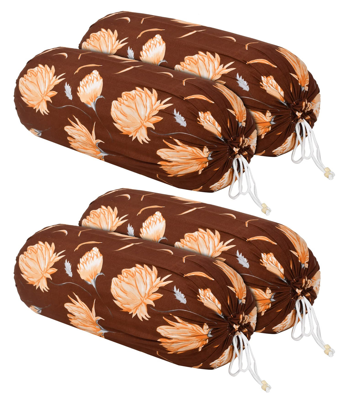 Heart Home Flower Printed Soft & Luxurious Decorative Cotton Bolster Cover- Set of 4, 16"x32" (Brown)-44HH0138