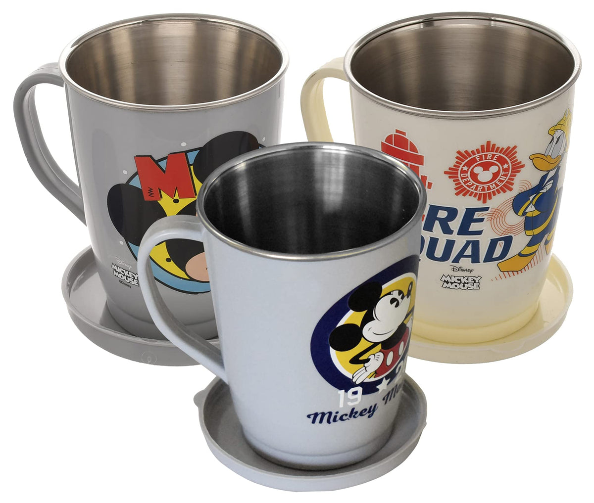 Kuber Industries Disney Printed Food Grade BPA Free Tea/Coffee Mug for Coffee Tea Cocoa, Camping Mugs with Lid, Pack of 3 (Light Grey & Cream & Grey)