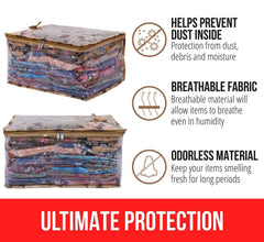 Kuber Industries Floral Print PVC Laminated Foldable Bow Saree Cover|Clothes|Wardrobe Organizer For Home & Travle With Transparent, Extra Large Pack of 2 (Gold)