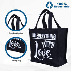Heart Home Lunch Bag|Reusable Jute Fabric Tote Bag|Do Everything with Love Print Tiffin Carry Hand Bag with Handle for Office,School,Gift,Pack of 3 (Black)