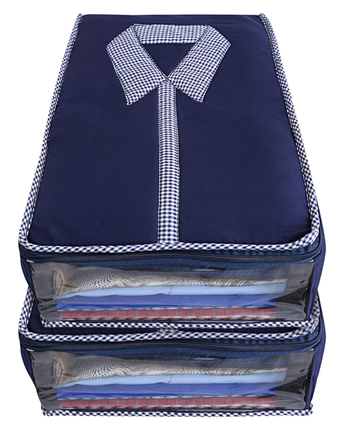 Kuber Industries Cotton Shirt Cover/Clothing Organizer/Wardrobe Organizer For Home, Traveling With Blue Window Pack of 2 (Blue)