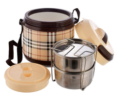 Kuber Industries Check Deisgn BPA Free Food Grade Insulated Lunch Box with 2 Steel Container & 1 Plastic Pickel Box (Cream & Coffee), Standard