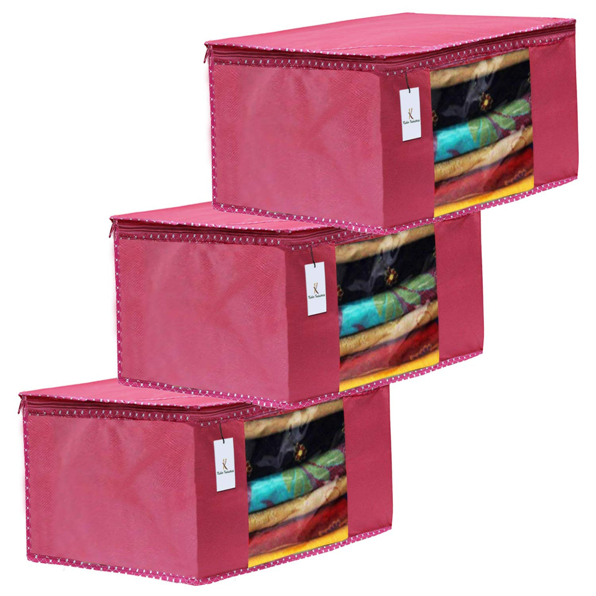 Kuber Industries 6 Piece Non Woven Fabric Saree Cover Set with Transparent Window, Extra Large, Pink-CTKTC031873