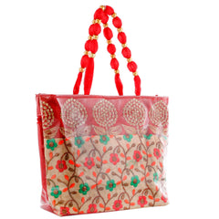 Kuber Industries Floral Design Silk Laminated Embroidered Women's Handbag (Red) - CTKTC23128