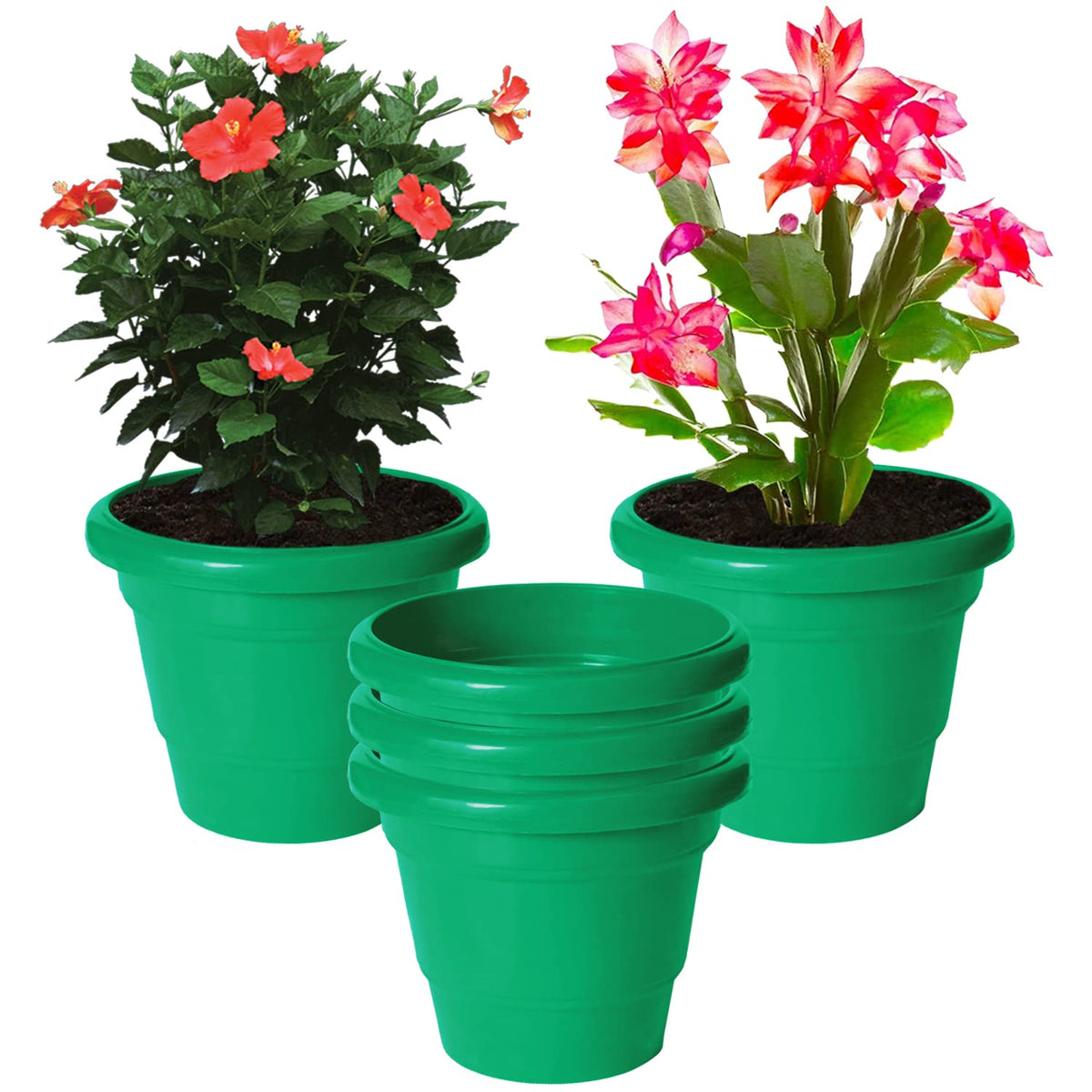 Kuber Industries Solid 2 Layered Plastic Flower Pot|Gamla for Home Decor,Nursery,Balcony,Garden,8"x 6",Pack of 5 (Green)