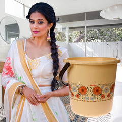 Kuber Industries Bucket|Plastic Bucket for Bathroom|Bucket for Bathing|Unbreakable Printed Bucket with Handle|18 Liter|Pack of 2 (Cream)