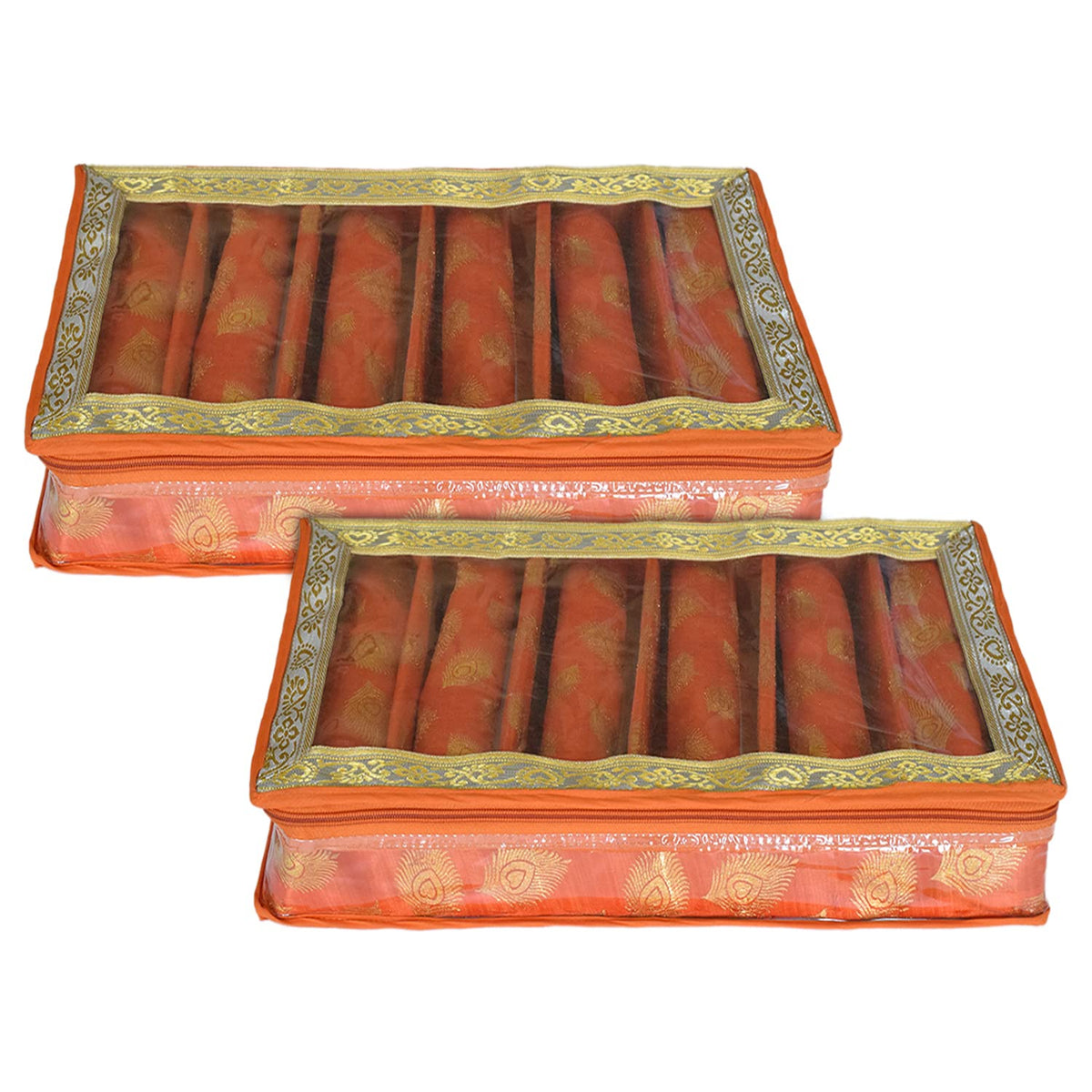 Heart Home Multipurpose Feather Design Laminated 6 Rod Bangle Box/Organizer/Case With Tranasparent Top - Pack of 2 (Orange)-47HH0167