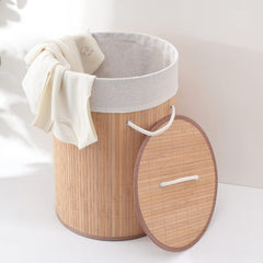 Kuber Industries Bamboo Basket With Lid|Foldable Laundry Basket For Clothes|Durable Rope Handles & Removable Bag (Natural)