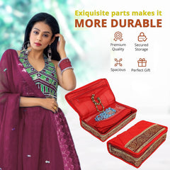 Kuber Industries Jewellery Kit | Cotton Red Lace Jewellery Storage Kit | 5 Pouch Travel Kit for woman | Cosmetic Kit for Necklace | Rings | Bracelet | Red