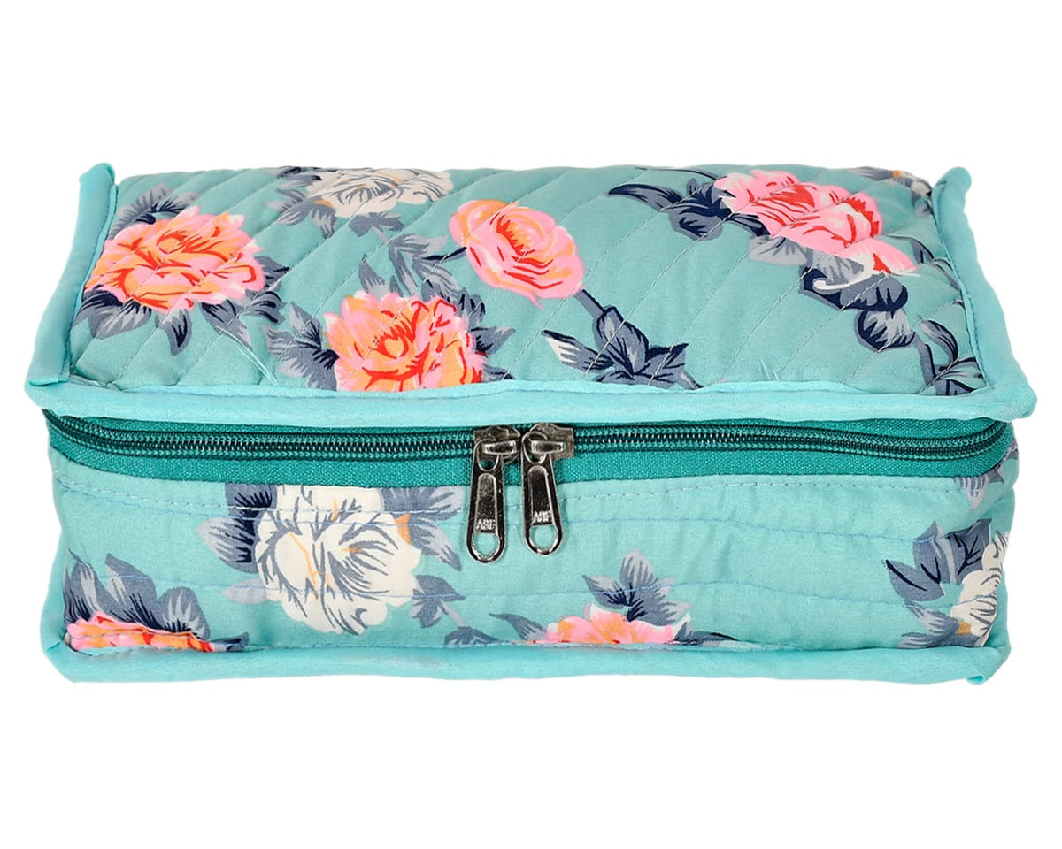 Heart Home Flower Printed Cotton Jewellery Organizer With 6 Transparent Pockets For Keeps Your Jewellery,Earrings, Necklaces Organized And Secure (Green)-50HH01205