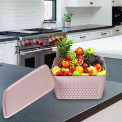 Heart Home Netted Design Unbreakable Multipurpose Square Shape Plastic Storage Baskets with lid Large (Grey)