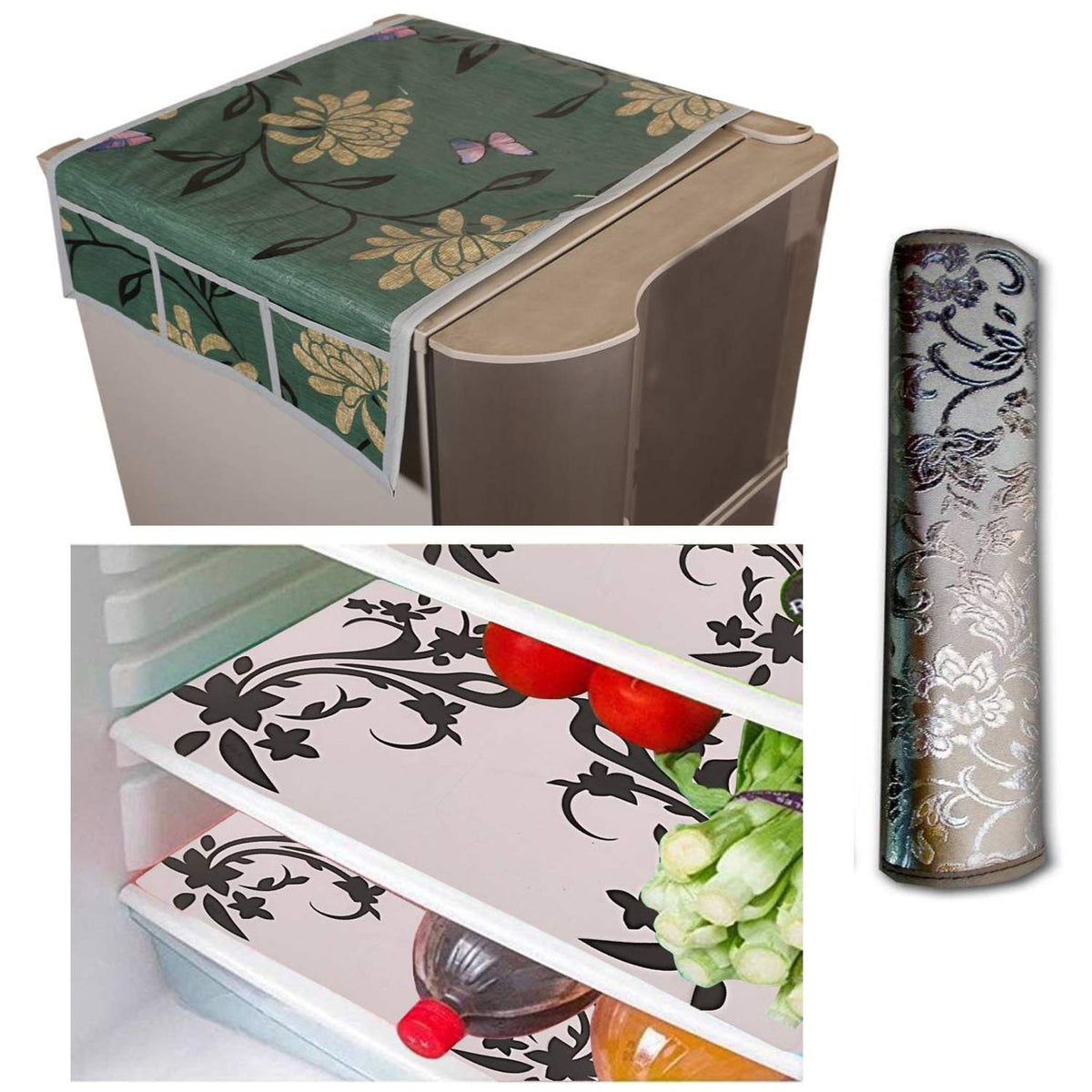 Kuber Industries Cloth 3 Pieces Fridge Mat, 1 Piece Handle Cover and 1 Pieces Fridge Top Cover (Multi)-CTKTC02223
