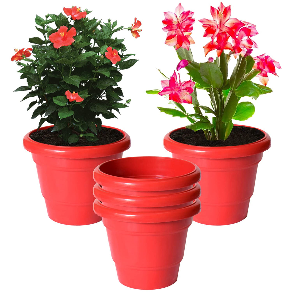 Kuber Industries Solid 2 Layered Plastic Flower Pot|Gamla for Home Decor,Nursery,Balcony,Garden,6"x5",Pack of 5 (Red)