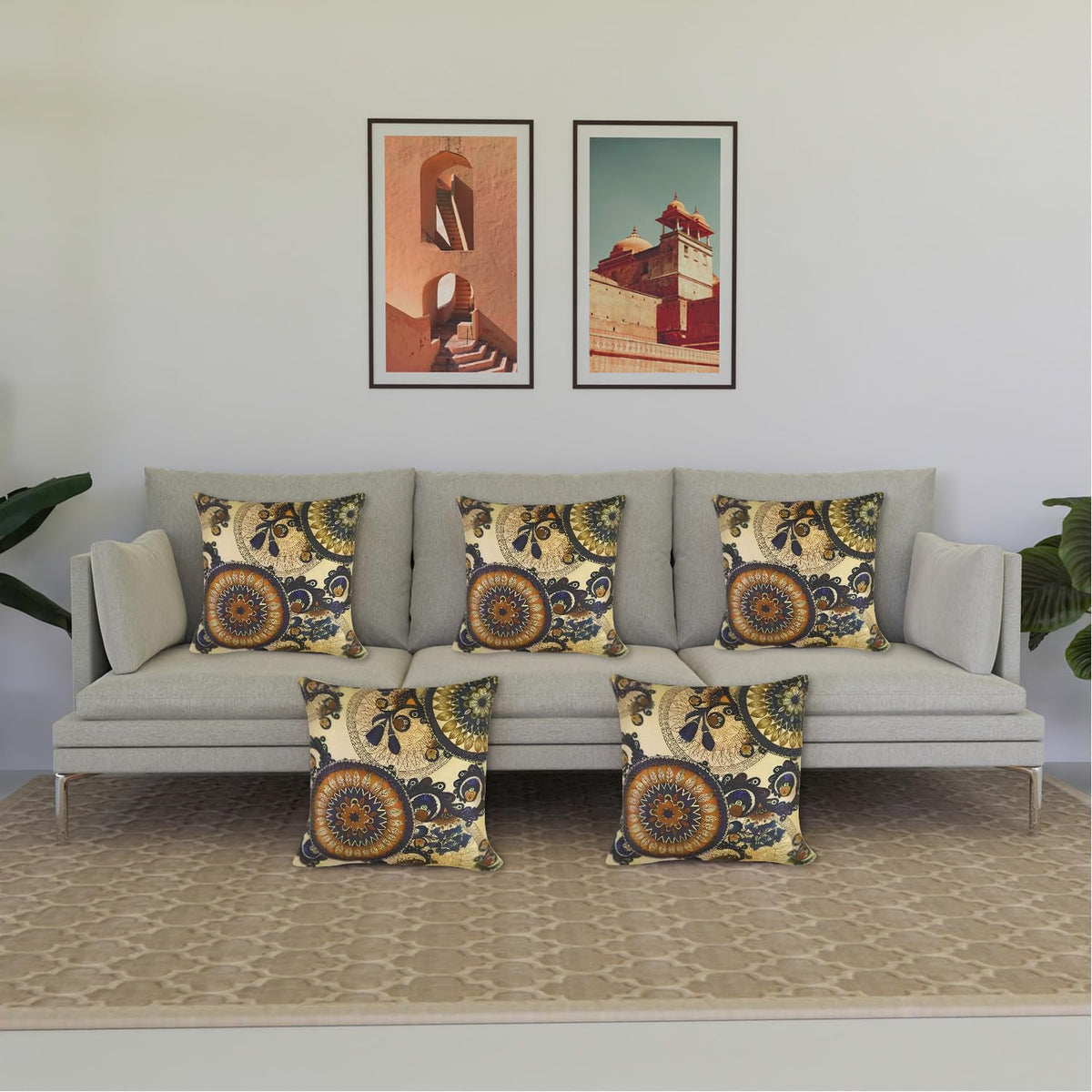 Kuber Industries Cushion Cover | Brown Gold Digital Print Cushion Cover | Jute Sofa Cushion Covers | Cushion Covers for Home Décor | 16 Inch | Set of 5 | Multi